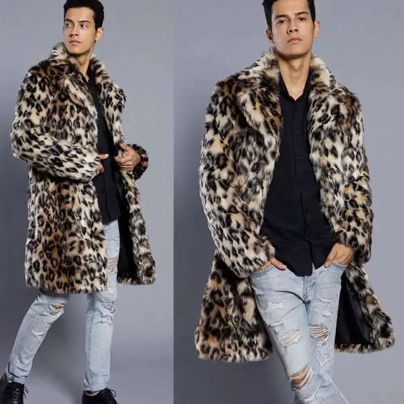 Leopard Print Faux Fur Men's Suit Collar Jacket