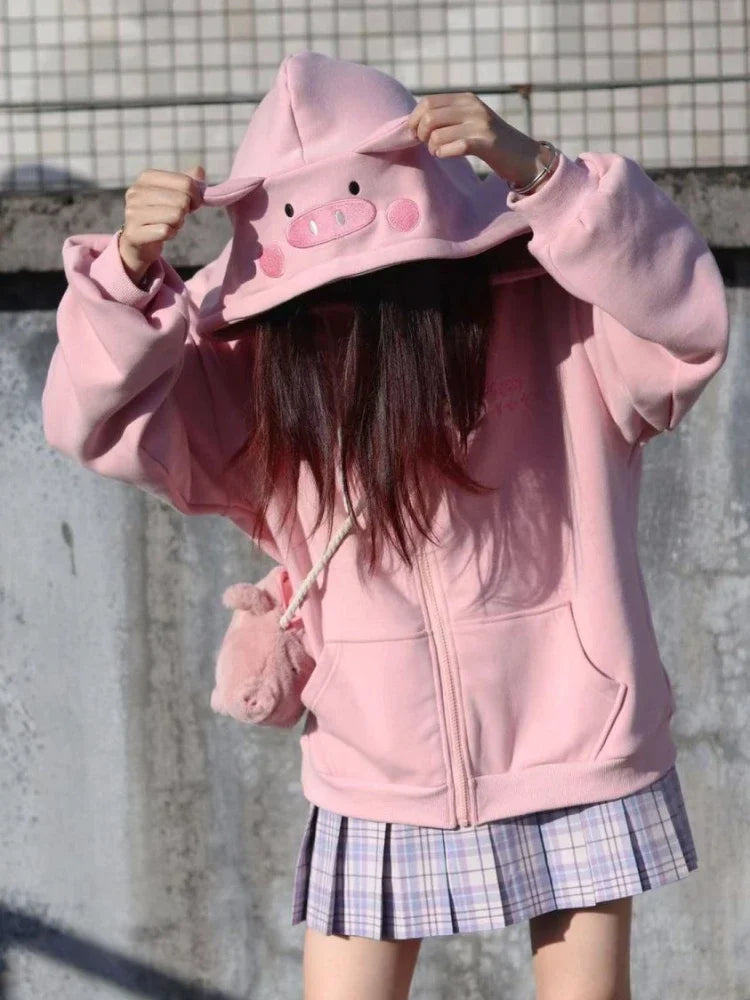 Sweet Pink Piggy Embroidery Hoodies