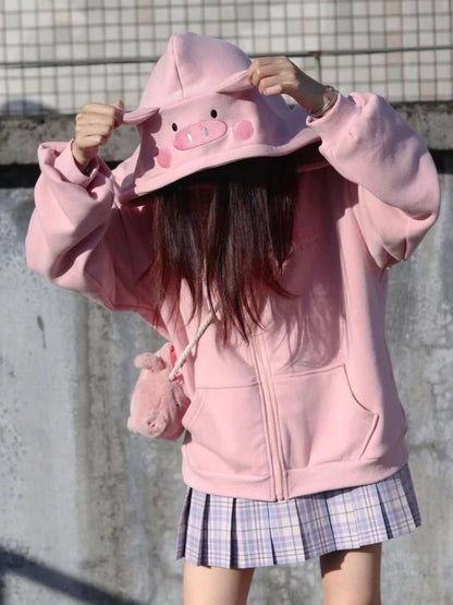 Sweet Pink Piggy Embroidery Hoodies