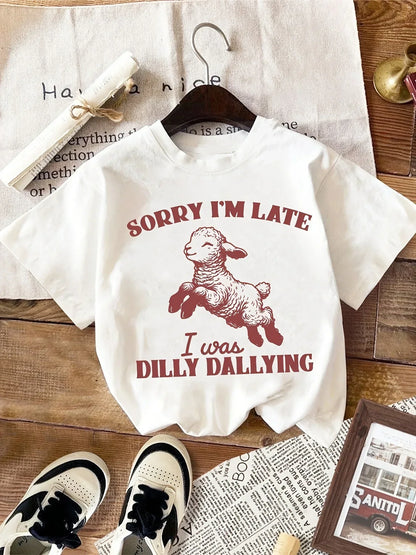 Women's "Sorry I'm Late" Dilly Dallying Sheep Graphic Printed T-Shirt