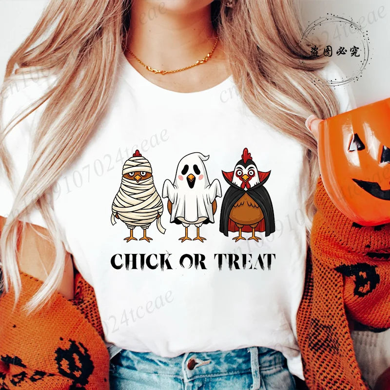 Women's T-shirt, Casual Halloween Chick or Treat Print T-shirt