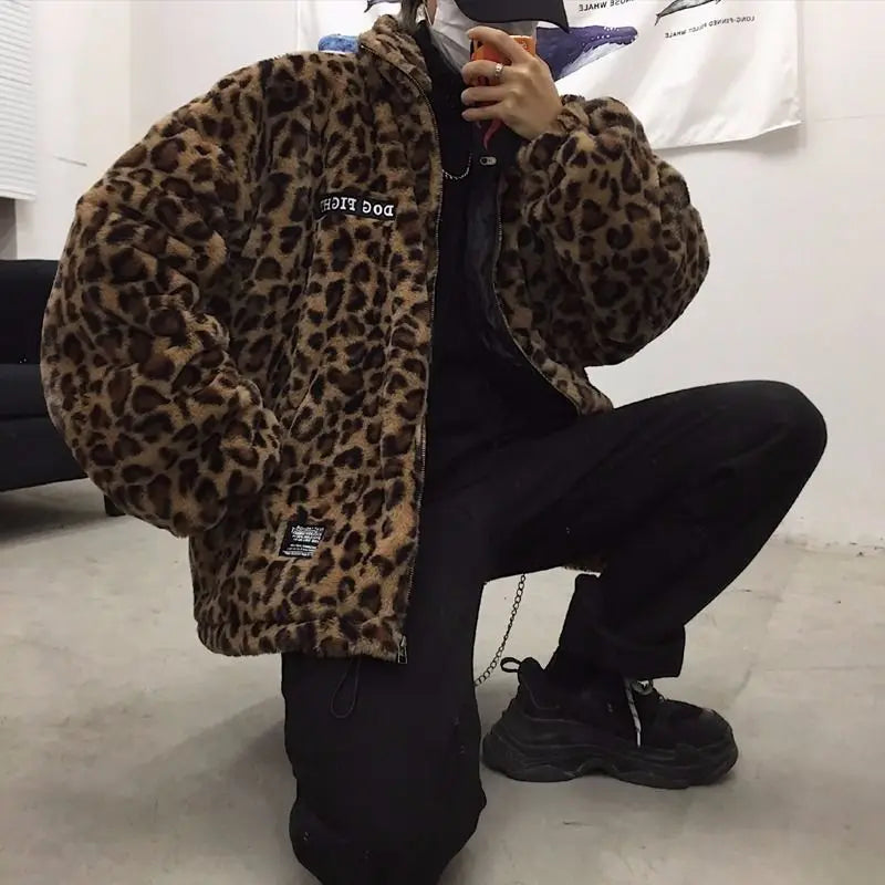 2023 Winter Jacket, Men's Outerwear Fur Leopard Casual Loose Parkas