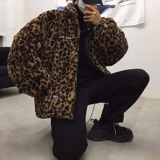 2023 Winter Jacket, Men's Outerwear Fur Leopard Casual Loose Parkas