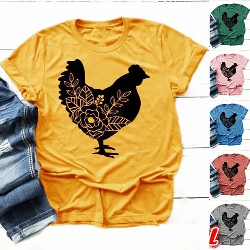 Chicken Print T Shirt Women Short Sleeve