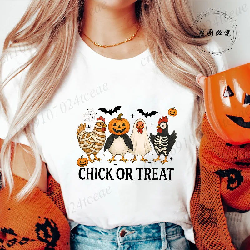 Women's T-shirt, Casual Halloween Chick or Treat Print T-shirt
