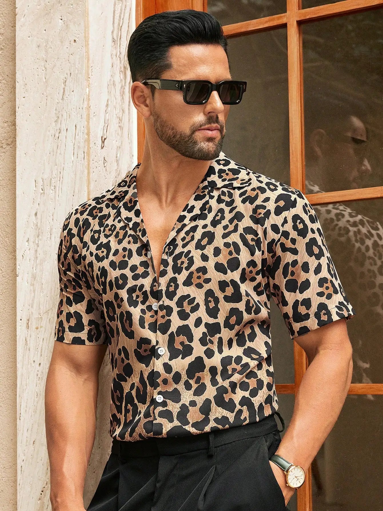 Summer Beach Leopard Pattern Print Men's Button Up Shirt