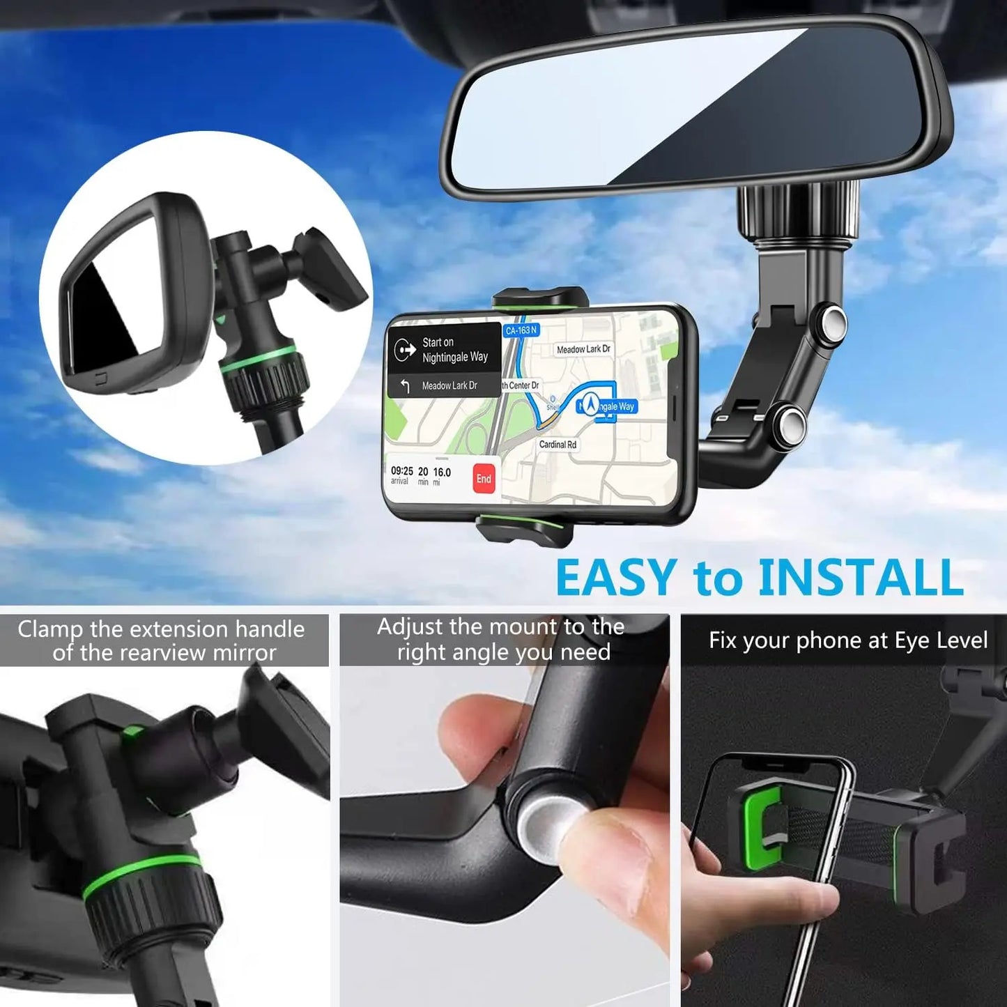 Rearview Mirror Phone Holder 360° Rotatable and Retractable
