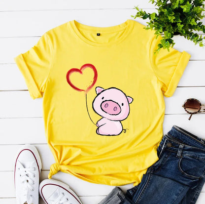 Heart Pig Print Women T Shirt Short Sleeve