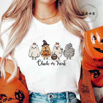 Women's T-shirt, Casual Halloween Chick or Treat Print T-shirt
