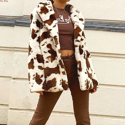 Thicken Puffy Plush Cow Print Jacket