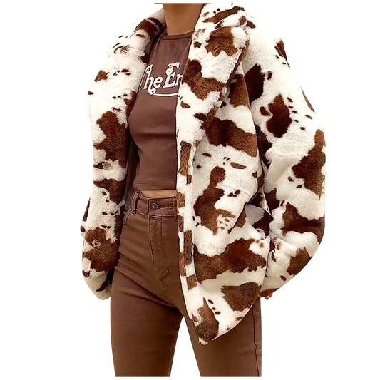 Thicken Puffy Plush Cow Print Jacket