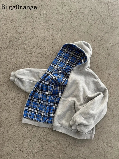 New American style plaid pattern oversized hoodie