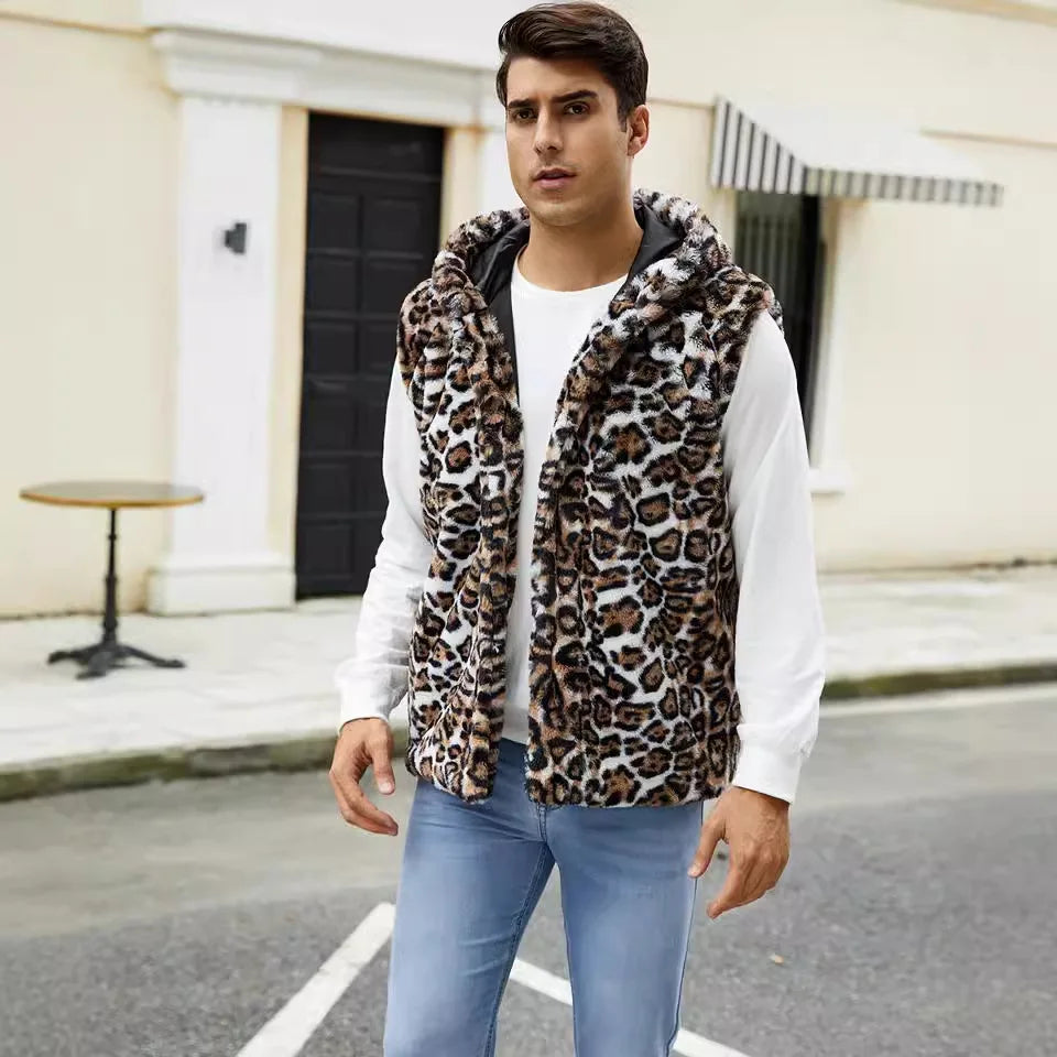 Winter Men's Leopard Casual Trendy Sleeveless Hooded Faux Fur Vest