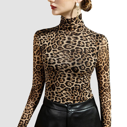 1pcs Women's Ultrathin Leopard Print High Collar Long-sleeved Top