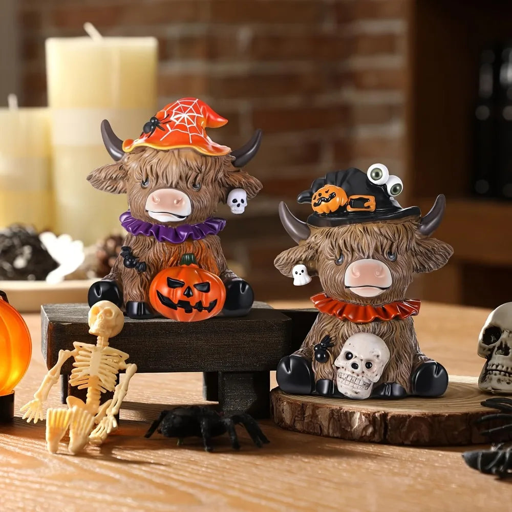 Halloween Spider, Pumpkin Highland Cow Desktop Statue