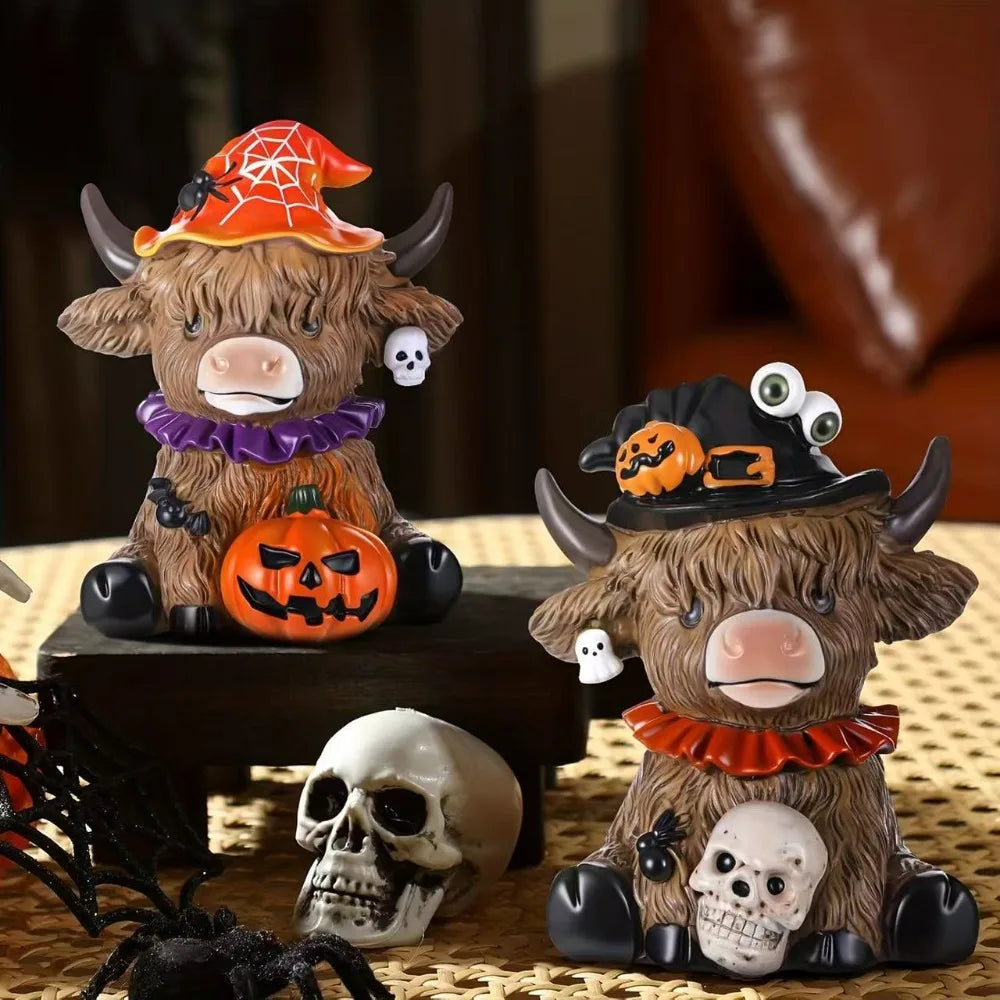 Halloween Spider, Pumpkin Highland Cow Desktop Statue