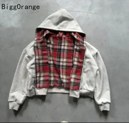 New American style plaid pattern oversized hoodie