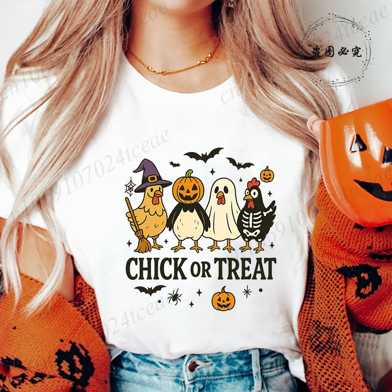 Women's T-shirt, Casual Halloween Chick or Treat Print T-shirt
