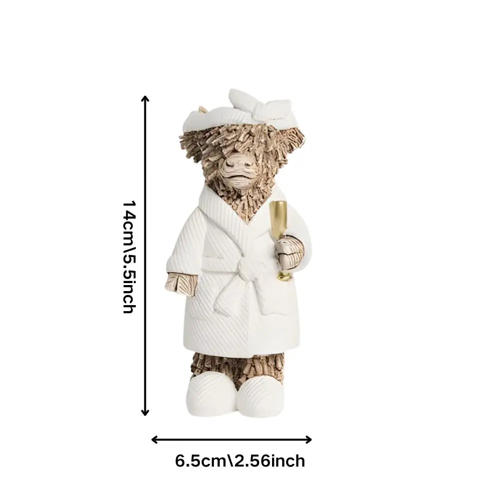 1 Country Style Highland Cow Holding Champagne Decorative Statue