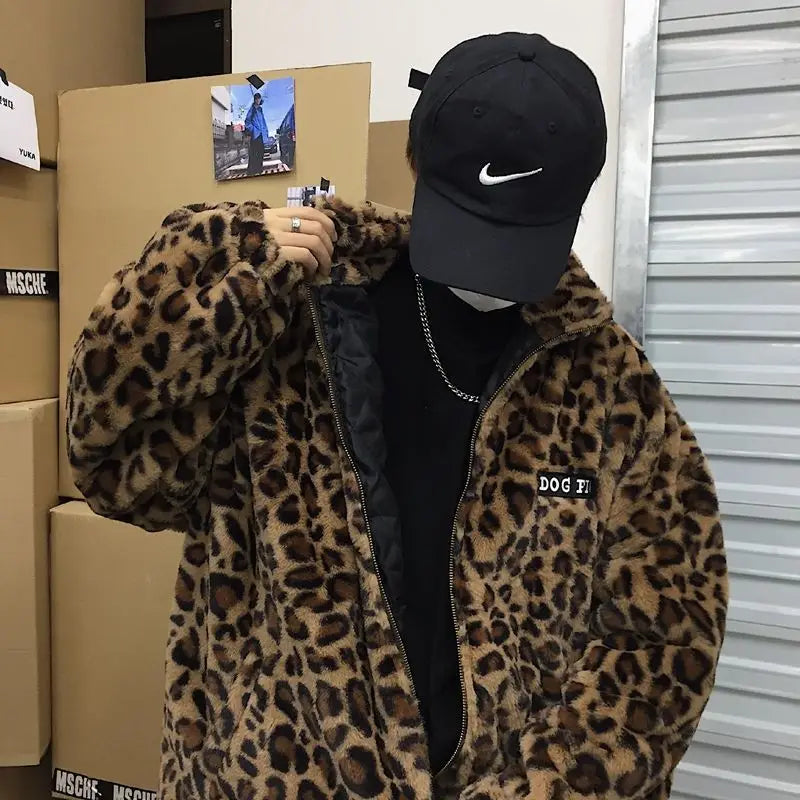 2023 Winter Jacket, Men's Outerwear Fur Leopard Casual Loose Parkas