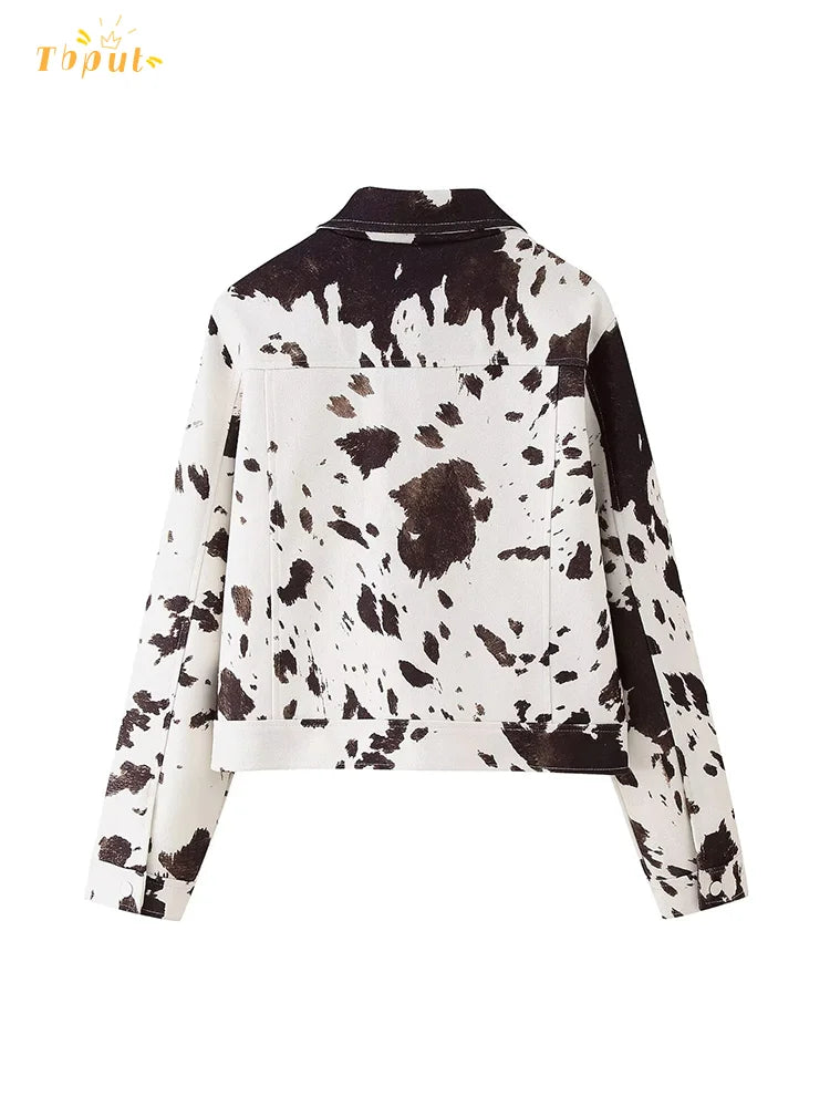 Casual Cow Print Lapel Jacket