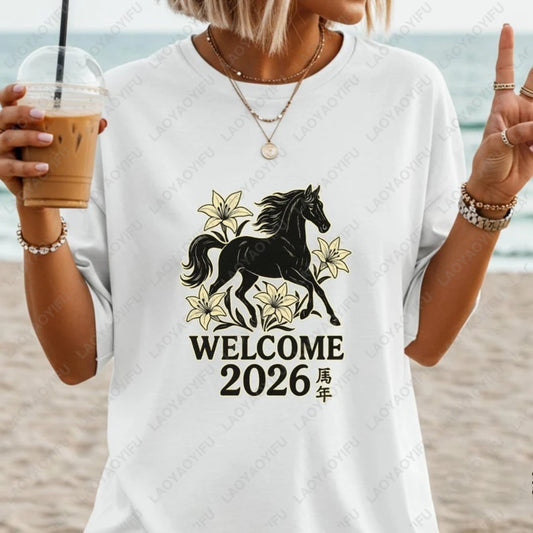 Welcome 2026 Year of The Horse Flower T-Shirt