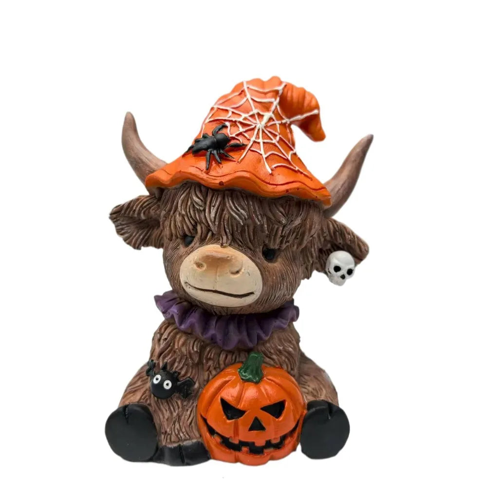 Halloween Spider, Pumpkin Highland Cow Desktop Statue