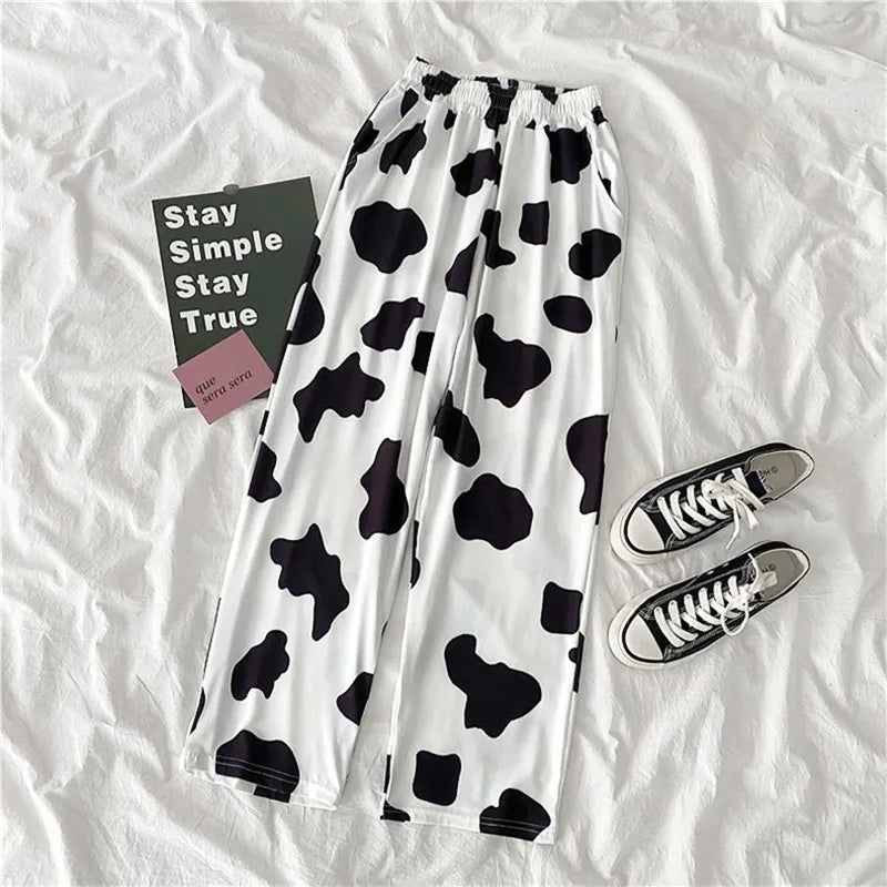 Summer Vintage Cow Print High Waist Trousers