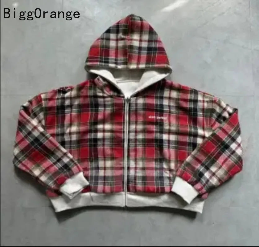 New American style plaid pattern oversized hoodie