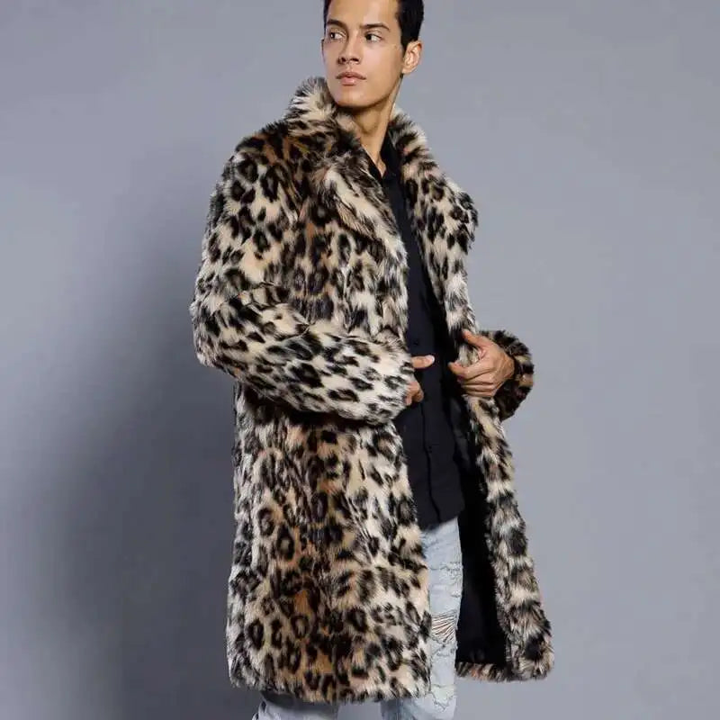 Leopard Print Faux Fur Men's Suit Collar Jacket