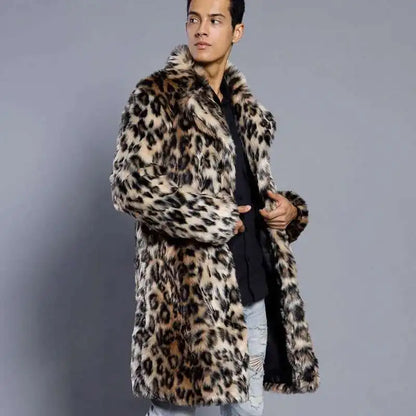 Leopard Print Faux Fur Men's Suit Collar Jacket