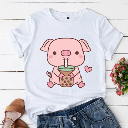 Cute Pig With Boba Tea Printed Women's T-shirts