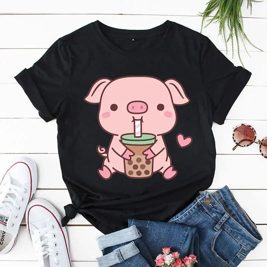 Cute Pig With Boba Tea Printed Women's T-shirts