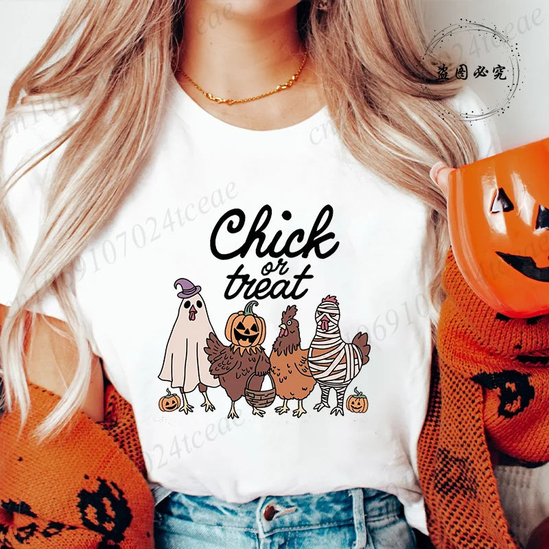 Women's T-shirt, Casual Halloween Chick or Treat Print T-shirt