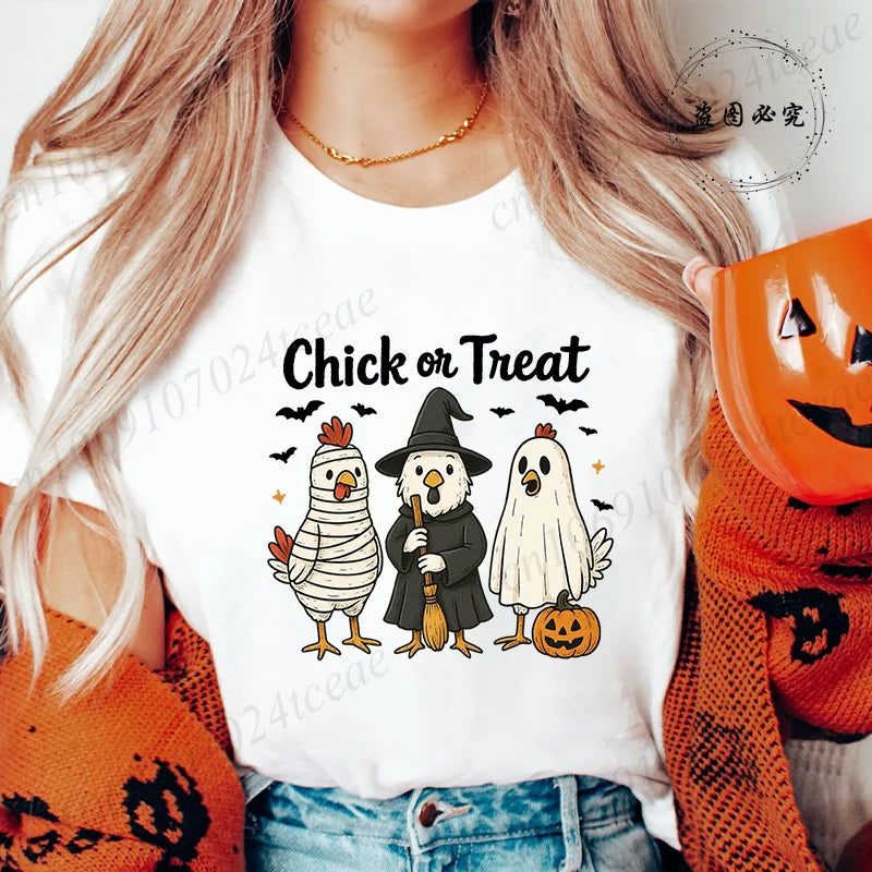 Women's T-shirt, Casual Halloween Chick or Treat Print T-shirt