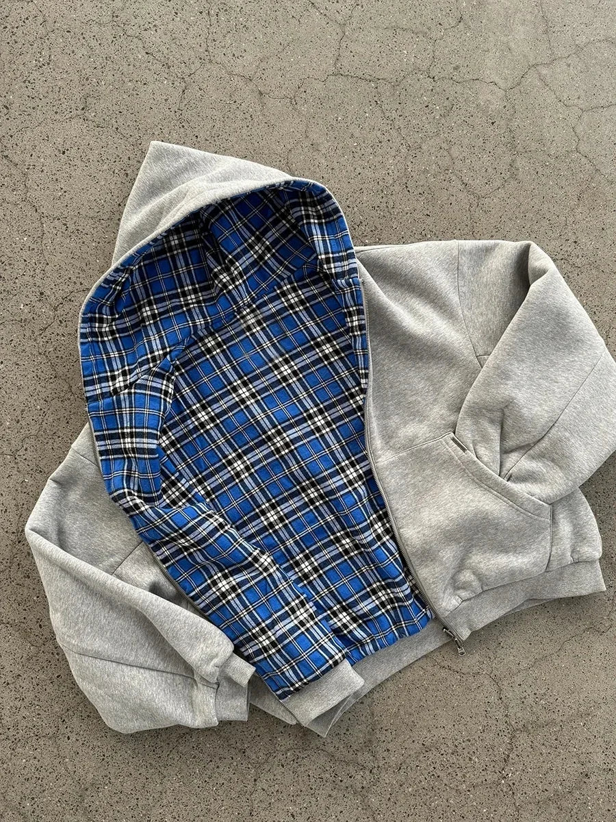 New American style plaid pattern oversized hoodie