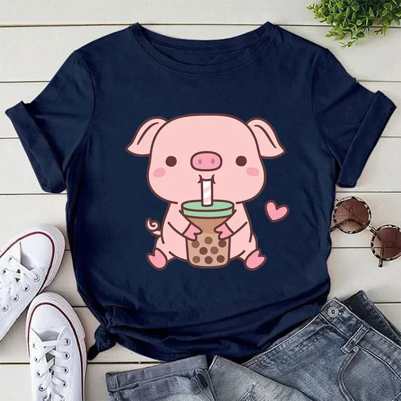 Cute Pig Boba Tea Print Women Casual T-shirts