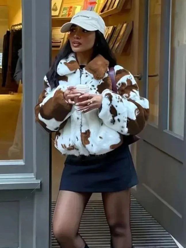Cow Print Faux Fur Cropped Jacket