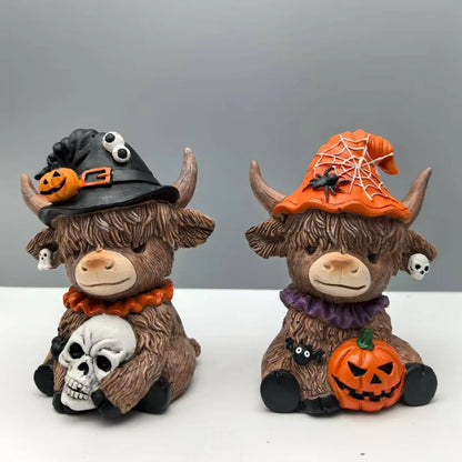 Halloween Spider, Pumpkin Highland Cow Desktop Statue