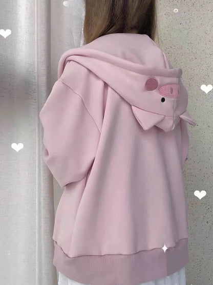 Sweet Pink Piggy Embroidery Hoodies