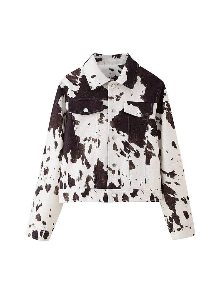Casual Cow Print Lapel Jacket