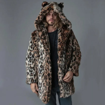 Luxury Men's Winter Leopard Faux Fur Coat