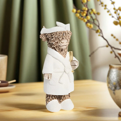 1 Country Style Highland Cow Holding Champagne Decorative Statue