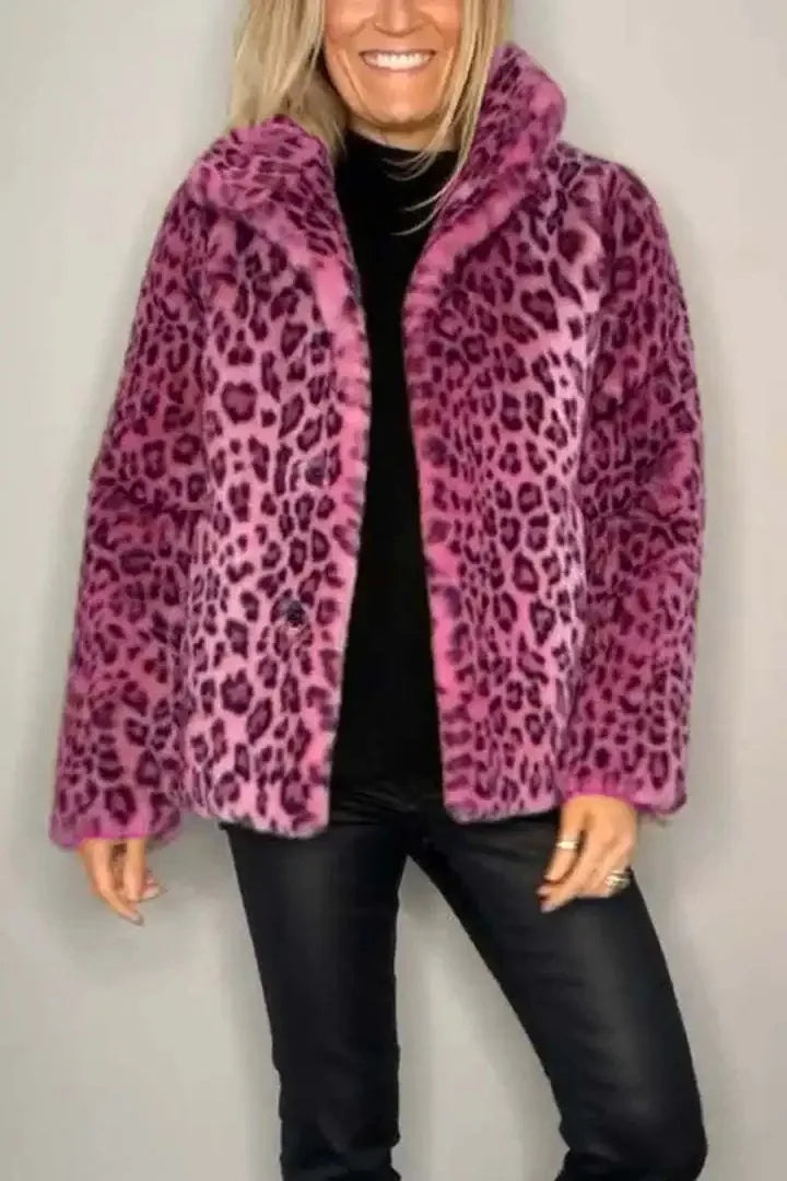 Fashionable Leopard Print Plush Mid-Length Jacket