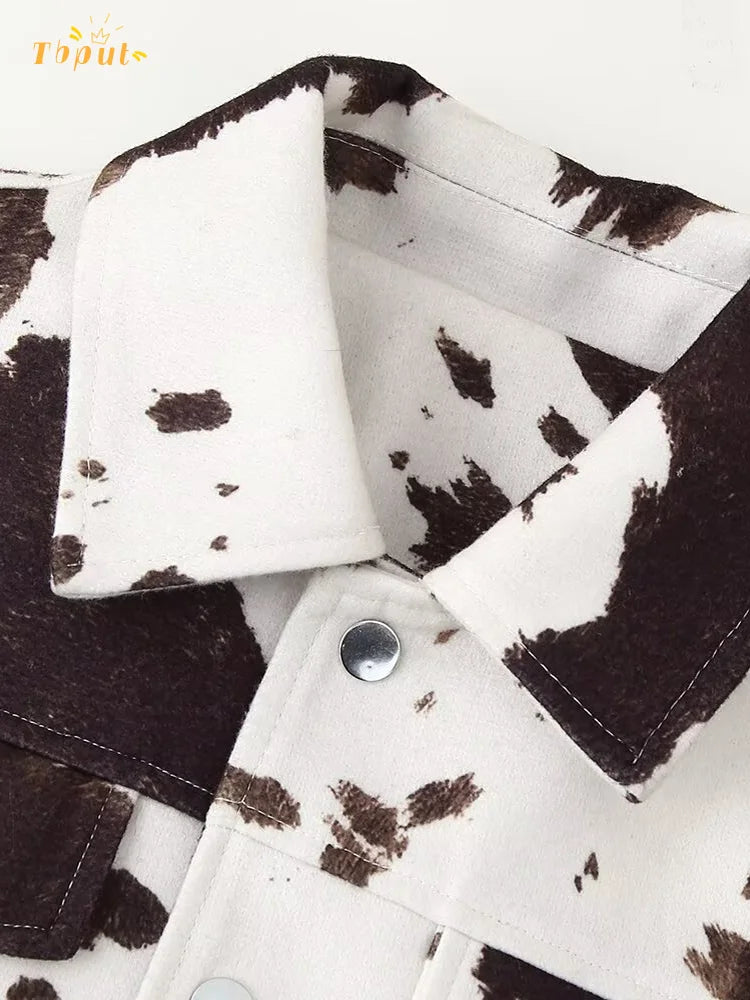 Casual Cow Print Lapel Jacket