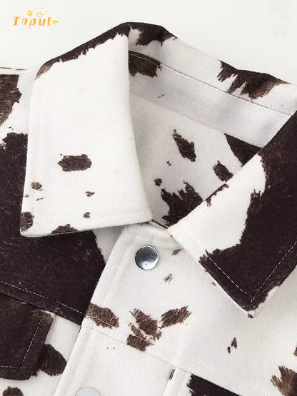 Casual Cow Print Lapel Jacket