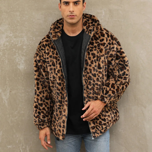 Men's Leopard Casual Loose Zipper Hooded