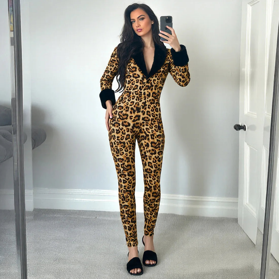 Wild Slim Fit Long Sleeve Leopard Print Jumpsuits