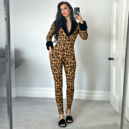 Wild Slim Fit Long Sleeve Leopard Print Jumpsuits