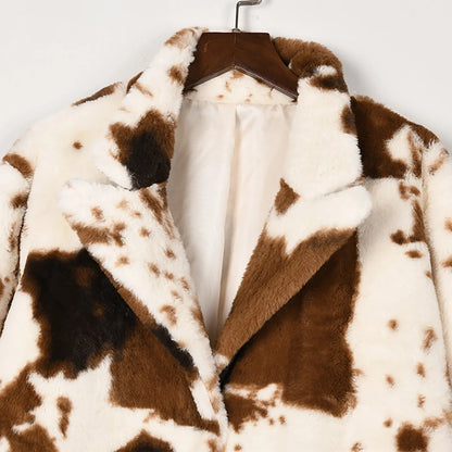 Thicken Puffy Plush Cow Print Jacket
